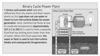 Binary Cycle Power Plant
A binary cycle power plant operates
differently from dry steam and flash steam
plants as this type does not use water or
steam to turn the turbine blades for power
generation. Here, Geothermal fluids at low
to moderate temperature (Approximately
107.2 C to 205 C) is used to heat a separate
fluid that has boiling point lower than that
of water. When this fluid vaporized, the
vapor or flash is used to turn the turbine
blades and subsequently the generators.
 