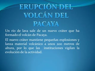 ERUPCIÓN DEL VOLCÁN DEL PACAYA  Un río de lava sale de un nuevo cráter que ha formado el volcán de Pacaya. El nuevo cráter mantiene pequeñas explosiones y lanza material volcánico a unos 200 metros de altura, por lo que las  instituciones vigilan la evolución de la actividad. 