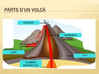 PARTS D’UN VOLCÀ
XEMENEIA
CRÀTER
????
CAMBRA
MAGMÀTICA
LAVA
 