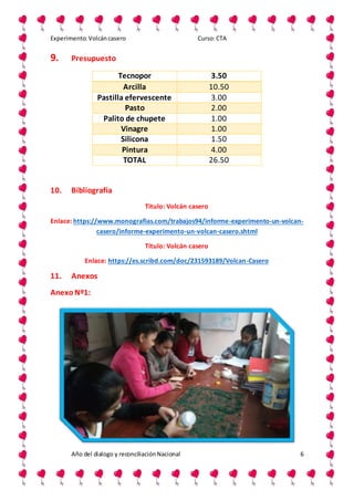 Experimento:Volcáncasero Curso:CTA
Año del dialogo y reconciliaciónNacional 6
9. Presupuesto
Tecnopor 3.50
Arcilla 10.50
Pastilla efervescente 3.00
Pasto 2.00
Palito de chupete 1.00
Vinagre 1.00
Silicona 1.50
Pintura 4.00
TOTAL 26.50
10. Bibliografía
Titulo: Volcán casero
Enlace: https://www.monografias.com/trabajos94/informe-experimento-un-volcan-
casero/informe-experimento-un-volcan-casero.shtml
Título: Volcán casero
Enlace: https://es.scribd.com/doc/231593189/Volcan-Casero
11. Anexos
AnexoNº1:
 