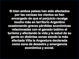 Si bien ambos países han sido afectados por las cenizas los vientos se han encargado de que el perjuicio recaiga mucho más en territorio Argentino ocasionando graves pérdidas económicas relacionadas con el ganado bobino el turismo y afectando la vida y la salud de su gente en distintas zonas siendo la más afectada Villa la Angostura declarada como zona de desastre y emergencia económica y social.
