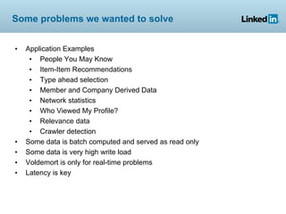 Some problems we wanted to solve


•   Application Examples
     • People You May Know
     • Item-Item Recommendations
     • Type ahead selection
     • Member and Company Derived Data
     • Network statistics
     • Who Viewed My Profile?
     • Relevance data
     • Crawler detection
•   Some data is batch computed and served as read only
•   Some data is very high write load
•   Voldemort is only for real-time problems
•   Latency is key
 