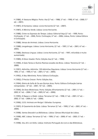 (1986), A Vassoura Mágica. Porto: Asa (2.ª ed. – 1988; 3.ª ed. – 1990; 4.ª ed. – 2000; 5.ª
ed. – 2001).

 (1987), O Fantasma. Lisboa: Livros Horizonte (2.ª ed. – 2007).

 (1987), A Menina Verde. Lisboa: Livros Horizonte.

  (1988), Crime no Expresso do Tempo. Lisboa: Editorial Veja (2.ª ed. – 1999, Porto:
Civilização; 3.ª ed. – 2004, Porto: Civilização; 4.ª ed. – 2006, Lisboa, Porto: Lisboa Editora
e Civilização).

 (1988), Versos de Animais. Lisboa: Livros Horizonte.

  (1988), Lengalengas. Lisboa: Livros Horizonte, (2.ª ed. – 1997; 3.ª ed. – 2001; 4.ª ed. –
2005).

 (1988), Destrava Línguas. Lisboa: Livros Horizonte, (2.ª ed. – 1997, refundida e muito
aumentada).

 (1989), O Disco Voador. Porto: Edições Asa (2.ª ed. – 1990).

  (1990), A Gata Tareca e Outros Poemas Levados da Breca. Lisboa: Teorema (2.ª ed. –
2000).

  (1991), Adivinha, Adivinha: 150 Adivinhas Populares. Lisboa: Livros Horizonte (2.ª ed. –
1993; 3.ª ed. – 1994; 4.ª ed. – 2001; 5.ª ed. – 2005).

 (1992), A Nau Mentireta. Porto: Editora Civilização.

 (1992), É Preciso Crescer. Porto: Edições Asa.

  (1994), Diário de Sofia & Cia aos Quinze Anos. Porto: Editora Civilização (várias
reimpressões – 8.ª ed. – 2001; 10.ª ed. – 2005).

  (1994), Os Ovos Misteriosos. Porto: Edições Afrontamento (2.ª ed. – 2001; 5.ª ed. –
2003; 6.ª ed. – 2004; 7.ª ed. – 2005; 8.ª ed. – 2006).

  (1995), O Rapaz e o Robô. Lisboa: Terramar (2.ª ed. – 1998; 3.ª ed. – 2001; 4.ª ed. –
2002; 5.ª ed. – 2004; 6.ª ed. – 2006).

 (1996), S.O.S: Animais em Perigo!. Odivelas: Europress.

  (1997), O Casamento da Gata. Lisboa: Terramar (2.ª ed. – 1999; 3.ª ed. – 2001; 4.ª ed. –
2004).

 (1998), Vamos Descobrir as Bibliotecas. Lisboa: Câmara Municipal de Lisboa.

  (1998), ABC. Lisboa: Terramar (2.ª ed. – 1999; 3.ª ed. – 2000; 4.ª ed. – 2003; 5.ª ed. –
2005).

 (1998), Vou Ali e Já Volto. Lisboa: Instituto Português do Livro e das Bibliotecas.


                                                                                                 |8|

                               SOL - Serviço de Orientação da Leitura | Vidas e Obras
 