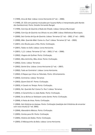 (1999), Arca de Noé. Lisboa: Livros Horizonte (2.ª ed. – 2006).

 (1999), 25. (CD com poemas muiscados por Suzana Ralha e interpretados pelo Bando
dos Gambozinos). Porto: Estúdio Fernando Rangel.

 (1999), Com Eça de Queirós à Roda do Chiado. Lisboa: Câmara Municipal.

 (2000), Com Eça de Queirós nos Olivais no ano 2000. Lisboa: Bibliotecas Municipais.

 (2000), Seis Contos de Eça de Queirós. Lisboa: Terramar (2.ª ed. – 2002; 3.ª ed. – 2005).

 (2000), Mãe. Querida Mãe! Como é a Tua?. Lisboa: Terramar (2.ª ed. – 2003).

 (2001), Uns Óculos para a Rita. Porto: Civilização.

 (2001), Todos no Sofá. Lisboa: Livros Horizonte.

 (2001), 1,2,3. Lisboa: Terramar (2.ª ed. – 2003; 3.ª ed. – 2006).

 (2002), Viagens de Gulliver. Porto: Civilização.

 (2002), Meu bichinho, Meu Amor. Porto: Civilização.

 (2002), Cores. Lisboa: Terramar.

 (2002), Gente Gira. Lisboa: Livros Horizonte (2.ª ed. – 2007).

 (2002), Tudo ao Contrário!. Lisboa: Livros Horizonte.

 (2002), O Rapaz que Vivia na Televisão. Porto: Afrontamento.

 (2003), Contrários. Lisboa: Terramar.

 (2003), Quem Está Aí?. Porto: Civilização.

 (2003), A Cavalo no Tempo. Porto: Civilização.

 (2003), Pai. Querido Pai! Como É o Teu?. Lisboa: Terramar.

 (2003), A Carochinha e o João Ratão. Porto: Civilização.

 (2004), Se os Bichos se Vestissem como Gente. Porto: Civilização.

 (2004), A Festa de Anos. Porto: Civilização.

  (2004), Seis Histórias às Avessas. Porto: Civilização (reedição de 6 Histórias de encantar
com novo título) (2.ª ed. 2005).

 (2004), Abecedário Maluco. Porto: Civilização.

 (2005), Contos para Rir. Porto: Civilização.

 (2005), História de Dedos. Porto: Civilização.

 (2005), O Maluquinho da Bola. Lisboa: Livros Horizonte.
                                                                                               |9|

                               SOL - Serviço de Orientação da Leitura | Vidas e Obras
 