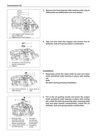 Transmission-32
5.	 Remove the front tapered roller bearing outer ring of
differential and differential front end washer.
6.	Take out and clean the magnet and remove the oil
deflector, bolt and spring washer combination.
Installation
1.	 Separately press the input shaft oil seal and input
shaft cylindrical roller bearing in place with tooling
set.
Note:
No skew during pressing installation.
2.	Put in the oil guiding nozzle and press the output
shaft cylindrical roller bearing in place with tooling
set; install the bearing pressing plate, pressing plate
bolt and plain washer subassembly; install the oil
deflector, bolt and spring washer combination.
1.	 Oil deflector, bolt and spring
washer combination
2.	 Magnet
1.	 Bearing press-
ing plate, pressing
plate bolt and plain
washer subassembly
2.	 Output shaft cylindri-
cal roller bearing
1
2
3
4
1.	 Front tapered roller bearing outer
ring of differentia
2.	 Differential front end washer
1
2
1.	 Input shaft cylindrical
roller bearing
1
2
1
2
2.	 Input shaft oil
seal
3.	 Oil deflec-
tor, bolt and
spring washer
combination
4.	 Oil guiding
nozzle
 