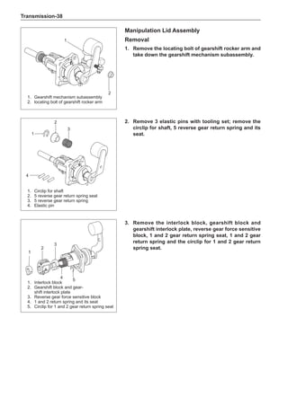 Transmission-38
Manipulation Lid Assembly
Removal
1.	 Remove the locating bolt of gearshift rocker arm and
take down the gearshift mechanism subassembly.
2.	 Remove 3 elastic pins with tooling set; remove the
circlip for shaft, 5 reverse gear return spring and its
seat.
1.	 Circlip for shaft
2.	 5 reverse gear return spring seat
3.	 5 reverse gear return spring
4.	Elastic pin
1.	 Interlock block
2.	 Gearshift block and gear-
shift interlock plate
3.	 Reverse gear force sensitive block
4.	 1 and 2 return spring and its seat
5.	 Circlip for 1 and 2 gear return spring seat
3.	 Remove the interlock block, gearshift block and
gearshift interlock plate, reverse gear force sensitive
block, 1 and 2 gear return spring seat, 1 and 2 gear
return spring and the circlip for 1 and 2 gear return
spring seat.
1.	 Gearshift mechanism subassembly
2.	 locating bolt of gearshift rocker arm
2
1
1
4
2
3
1
2
3
4
5
 