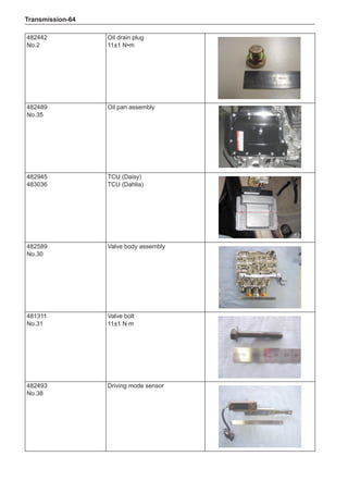 Transmission-64
482442
No.2
Oil drain plug
11±1 N•m
482489
No.35
Oil pan assembly
482945
483036
TCU (Daisy)
TCU (Dahlia)
482589
No.30
Valve body assembly
481311
No.31
Valve bolt
11±1 N·m
482493
No.38
Driving mode sensor
 
