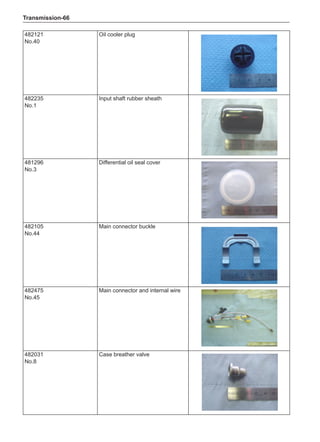 Transmission-66
482121
No.40
Oil cooler plug
482235
No.1
Input shaft rubber sheath
481296
No.3
Differential oil seal cover
482105
No.44
Main connector buckle
482475
No.45
Main connector and internal wire
482031
No.8
Case breather valve
 