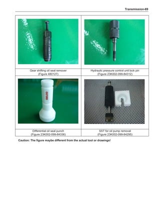 Transmission-69
Gear shifting oil seal remover
(Figure 480127)
Hydraulic pressure control unit lock pin
(Figure 23K002-099-84312)
Differential oil seal punch
(Figure 23K002-099-84336)
SST for oil pump removal
(Figure 23K002-099-84295)
Caution: The figure maybe different from the actual tool or drawings!
 