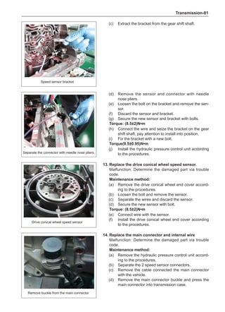 Transmission-81
(c)	Extract the bracket from the gear shift shaft.
(d)	 Remove the sensor and connector with needle
nose pliers.
(e)	 Loosen the bolt on the bracket and remove the sen-
sor.
(f)	 Discard the sensor and bracket.
(g)	 Secure the new sensor and bracket with bolts.
Torque: (8.5±2)N•m
(h)	 Connect the wire and seize the bracket on the gear
shift shaft, pay attention to install into position.
(i)	 Fix the bracket with a new bolt.
Torque(9.5±0.95)N•m
(j)	 Install the hydraulic pressure control unit according
to the procedures.
13.	Replace the drive conical wheel speed sensor.
Malfunction: Determine the damaged part via trouble
code.
Maintenance method:
(a)	 Remove the drive conical wheel end cover accord-
ing to the procedures.
(b)	 Loosen the bolt and remove the sensor.
(c)	 Separate the wires and discard the sensor.
(d)	 Secure the new sensor with bolt.
Torque: (8.5±2)N•m
(e)	 Connect wire with the sensor.
(f)	 Install the drive conical wheel end cover according
to the procedures.
Drive conical wheel speed sensor
Speed sensor bracket
Separate the connector with needle nose pliers.
14.	Replace the main connector and internal wire
Malfunction: Determine the damaged part via trouble
code.
Maintenance method:
(a)	 Remove the hydraulic pressure control unit accord-
ing to the procedures.
(b)	 Separate the 2 speed sensor connectors.
(c)	 Remove the cable connected the main connector
with the vehicle.
(d)	 Remove the main connector buckle and press the
main connector into transmission case.
Remove buckle from the main connector
 