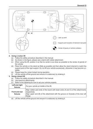 General-15
4.	Using a rocker lift
(a)	 Follow the safety procedure described in the manual.
(b)	 As shown in the figure, please use a stand with rubber attachment.
(c)	 When using the lift, position it so that its center is as close as possible to the center of gravity of
the vehicle.
(d)	 Place the vehicle on the stand as flatly as possible and then allow the stand channel to match the
support point of the rigid support. Do not lift your vehicle excessively; otherwise it may become un-
stable.
(e)	 Please keep the rocker locked during operation.
(f)	 Lift the vehicle off the ground and ensure it is stationary by shaking it.
5.	Using a board lift
(a)	 Follow the safety procedure described in the manual.
(b)	 Use board-on attachments.
(c)	 Refer to the following for how to set your vehicle properly.
Left and right
fixtures
Put your vehicle at middle of the lift.
Front and rear
fixtures
Align rubber pad ends of the board with lower ends (A and C) of the attachments
respectively.
Align upper end (B) of the attachment with the groove on foreside of the door sill
flange.
(d)	 Lift the vehicle off the ground and ensure it is stationary by shaking it.
：
：
：
Jack up point
Support point (location of diamond rack jack)
Center of gravity of vehicle (unladen)
 