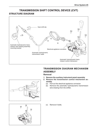 Drive System-45
Transmission Shift Control Device (CVT)
STRUCTURE DIAGRAM
Transmission DIAGRAM Mechanism
Assembly
Removal
1.	 Remove the auxiliary instrument panel assembly
2.	 Remove the transmission control mechanism as-
sembly
(a)	 Pull out the electrical appliance connector
(b)	 Remove the automatic hydrodynamic transmission
wire drawing from the shifter.
(c)	 Remove 4 bolts.
Automatic hydrodynamic trans-
mission control mechanism
Automatic hydrodynamic
transmission cable
Electrical appliance connector
Gear shift clip
Automatic hydrodynamic trans-
mission wire drawing assembly
mounting bracket
 