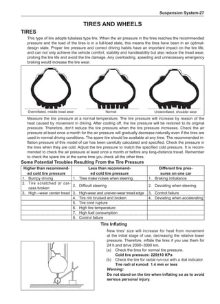 Suspension System-27
Tires and Wheels
Tires
This type of tire adopts tubeless type tire. When the air pressure in the tires reaches the recommended
pressure and the load of the tires is in a full-load state, this means the tires have been in an optimal-
design state. Proper tire pressure and correct driving habits have an important impact on the tire life,
and can not only achieve the vehicle comfort, stability and handleability but also reduce the tread wear,
prolong the tire life and avoid the tire damage. Any overloading, speeding and unnecessary emergency
braking would increase the tire wear.
Measure the tire pressure at a normal temperature. The tire pressure will increase by reason of the
heat caused by movement in driving. After cooling off, the tire pressure will be restored to its original
pressure. Therefore, don’t reduce the tire pressure when the tire pressure increases. Check the air
pressure at least once a month for the air pressure will gradually decrease naturally even if the tires are
used in normal driving conditions. The spare tire should be available at any time. The recommended in-
flation pressure of this model of car has been carefully calculated and specified. Check the pressure in
the tires when they are cold. Adjust the tire pressure to match the specified cold pressure. It is recom-
mended to check the air pressure at least once a month or before any long-distance travel. Remember
to check the spare tire at the same time you check all the other tires.
Overinflated, middle tread wear Normal Underinflated, shoulder wear
Some Potential Troubles Resulting From the Tire Pressure
Higher than recommend-
ed cold tire pressure
Less than recommend-
ed cold tire pressure
Different tire pres-
sures on one car
1.	 Bumpy driving 1.	 Tires make noises when steering. 1.	 Braking imbalance
2.	 Tire scratched or car-
cass broken
2.	 Difficult steering 2.	 Deviating when steering
3.	High –wear center tread 3.	High-wear and uneven-wear tread edge 3.	 Control failure
4.	 Tire rim bruised and broken 4.	 Deviating when accelerating
5.	 Tire cord rupture
6.	High tire temperature
7.	High fuel consumption
8.	 Control failure
Tire Inflating
New tires’ size will increase for heat from movement
at the initial stage of use, decreasing the relative lower
pressure. Therefore, inflate the tires if you use them for
24 h and drive 2000~3000 km.
(a)	 Check the tires for normal tire pressure.
Cold tire pressure: 220±10 KPa
(b)	 Check the tire for radial run-out with a dial indicator.
Tire radi al runout: 1.4 mm or less
Warning:
Do not stand on the tire when inflating so as to avoid
serious personal injury.
 