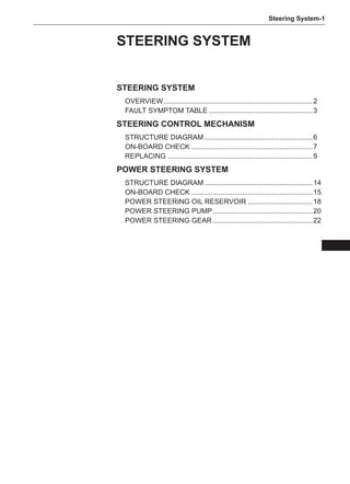 Steering System-
STEERING SYSTEM
Steering system
Overview.............................................................................2
Fault Symptom Table......................................................3
Steering control mechanism
STRUCTURE DIAGRAM........................................................6
On-board check...............................................................7
Replacing...........................................................................9
Power steering system
STRUCTURE DIAGRAM........................................................14
On-board check...............................................................15
Power steering oil reservoir..................................18
Power steering pump....................................................20
Power steering gear....................................................22
 