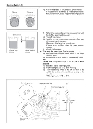Steering System-16
(e)	 Check the bubble or emulsification phenomenon.
If it is confirmed that there is bubble or emulsifica-
tion phenomenon, bleed the power steering system.
(f)	 When the engine idle-running, measure the fluid-
level of the steering oil reservoir.
(g)	 Turn off the engine.
(h)	 Wait for several minutes, re-measure the fluid-level
of the steering oil reservoir.
Maximum fluid-level increase: 5 mm
If there is any problem, bleed the power steering
system.
(i)	 Check the fluid-level.
4.	 Checking the steering oil fluid pressure
(a)	 Disconnect the pressure supply line from the power
steering pump.
(b)	 Connect the SST as shown in the following charts.
Tip:
Check and verify the valve of the SST has been
opened.
(c)	 Bleed the power steering system.
(d)	 Start the engine and keep it idle-running.
(e)	 Turn the steering wheel to the left and then to the
right to the end, repeat several times to ramp up the
oil fluid.
Oil temperature: 75°C to 80°C
Normal Abnormal
Engine idle-
running
Engine stopping
running
5 mm or less
SST
Connecting element
Connecting
element
Pressure supply line
Power steering pump
Inlet Outlet
 
