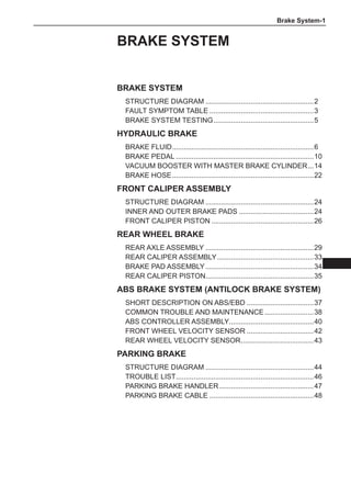Brake System-
BRAKE SYSTEM
Brake system
STRUCTURE DIAGRAM........................................................2
Fault Symptom Table......................................................3
Brake system testing.
...................................................5
Hydraulic brake
Brake fluid.
........................................................................6
Brake pedal.......................................................................10
Vacuum booster with master brake cylinder.
...14
Brake Hose.........................................................................22
Front caliper assembly
STRUCTURE DIAGRAM........................................................24
Inner and outer brake pads.......................................24
Front caliper piston.....................................................26
Rear wheel brake
Rear axle assembly........................................................29
Rear caliper assembly..................................................33
Brake pad assembly........................................................34
Rear caliper piston.
.......................................................35
ABS BRAKE SYSTEM (Antilock Brake System)
Short description on ABS/EBD...................................37
Common trouble and maintenance..........................38
ABS controller assembly.
...........................................40
Front wheel velocity sensor...................................42
Rear wheel velocity sensor.
.....................................43
Parking brake
Structure diagram........................................................44
Trouble list.
......................................................................46
Parking brake handler.................................................47
Parking brake cable......................................................48
 