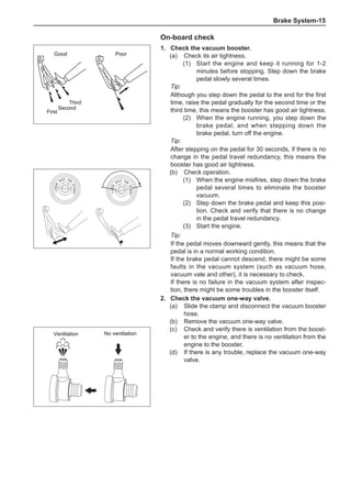 Brake System-15
On-board check
1.	 Check the vacuum booster.
(a)	 Check its air tightness.
(1)	 Start the engine and keep it running for 1-2
minutes before stopping. Step down the brake
pedal slowly several times.
Tip:
Although you step down the pedal to the end for the first
time, raise the pedal gradually for the second time or the
third time, this means the booster has good air tightness.
(2)	 When the engine running, you step down the
brake pedal, and when stepping down the
brake pedal, turn off the engine.
Tip:
After stepping on the pedal for 30 seconds, if there is no
change in the pedal travel redundancy, this means the
booster has good air tightness.
(b)	 Check operation.
(1)	 When the engine misfires, step down the brake
pedal several times to eliminate the booster
vacuum.
(2)	 Step down the brake pedal and keep this posi-
tion. Check and verify that there is no change
in the pedal travel redundancy.
(3)	 Start the engine.
Tip:
If the pedal moves downward gently, this means that the
pedal is in a normal working condition.
If the brake pedal cannot descend, there might be some
faults in the vacuum system (such as vacuum hose,
vacuum vale and other), it is necessary to check.
If there is no failure in the vacuum system after inspec-
tion, there might be some troubles in the booster itself.
Good Poor
First
Second
Third
Good Poor
First
Second
Third
L
O
C
K
ACC ON
S
T
A
R
T
L
O
C
K
ACC ON
S
T
A
R
T
L
O
C
K
ACC ON
S
T
A
R
T
L
O
C
K
ACC ON
S
T
A
R
T
2.	 Check the vacuum one-way valve.
(a)	 Slide the clamp and disconnect the vacuum booster
hose.
(b)	 Remove the vacuum one-way valve.
(c)	 Check and verify there is ventilation from the boost-
er to the engine, and there is no ventilation from the
engine to the booster.
(d)	 If there is any trouble, replace the vacuum one-way
valve.
Ventilation No ventilation
Ventilation No ventilation
 