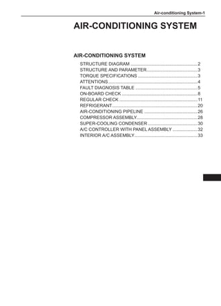 Air-conditioning System-
Air-conditioning system
Structure diagram.......................................................2
Structure and parameter.
.........................................3
Torque specifications.................................................3
ATTENTIONS.........................................................................4
FAULT DIAGNOSIS TABLE...................................................5
On-board check..............................................................8
Regular check................................................................11
Refrigerant.
.....................................................................20
Air-conditioning pipeline............................................26
Compressor assembly.
.................................................28
Super-cooling condenser.........................................30
A/C controller with panel assembly.....................32
Interior A/C assembly.
...................................................33
AIR-CONDITIONING SYSTEM
 
