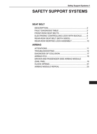Safety Support Systems-
SAFETY SUPPORT SYSTEMS
Seat belt
Description.
.......................................................................2
Fault Diagnosis Table....................................................2
Front-row seat belts....................................................4
Electronic controlling lock with buckle.
.........6
Rear-row seat belt (both sides)...............................7
Rear-row mortise lock assembly............................10
Airbag
ATTENTIONS.
.........................................................................11
Troubleshooting............................................................12
Diagnosis of collision..................................................17
Airbag ECU..........................................................................18
Driver and passenger side airbag module
(DAB, PAB).
.............................................................................19
Clock Spring.....................................................................21
Airbag module repeal...................................................23
 