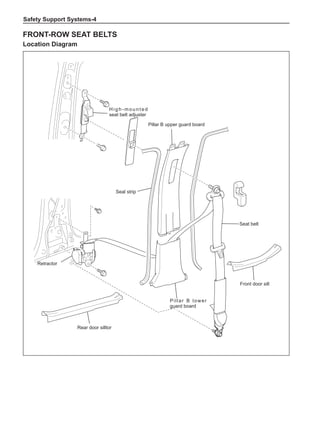Safety Support Systems-
Front-row seat belts
Location Diagram
H i g h - m o u n t e d
seat belt adjuster
Seal strip
Retractor
Rear door silltor
Pillar B lower
guard board
Pillar B upper guard board
Seat belt
Front door sill
 