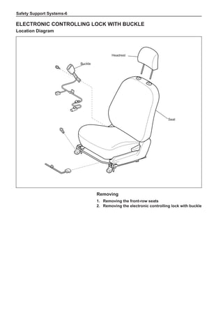 Safety Support Systems-
Electronic controlling lock with buckle
Location Diagram
Headrest
Seat
Buckle
Removing
1.	 Removing the front-row seats
2.	 Removing the electronic controlling lock with buckle
 