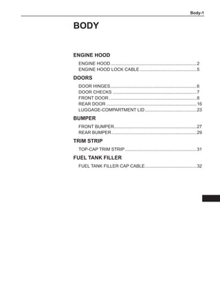 Body-
BODY
Engine hood
Engine hood.
......................................................................2
Engine hood lock cable...............................................5
Doors
Door hinges.
......................................................................6
Door checks.....................................................................7
Front door........................................................................8
Rear door..........................................................................16
Luggage-compartment lid...........................................23
Bumper
Front bumper.
...................................................................27
Rear bumper......................................................................29
Trim strip
Top-cap trim strip...........................................................31
Fuel tank filler
Fuel tank filler cap cable.
..........................................32
 