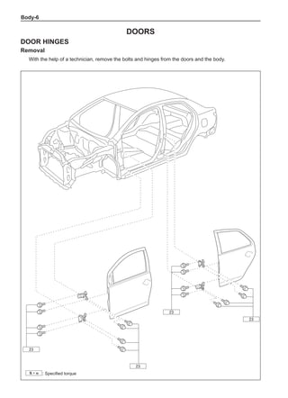 Body-
Doors
Door hinges
Removal
With the help of a technician, remove the bolts and hinges from the doors and the body.
: Specified torque
N·m
23
23
23
23
 