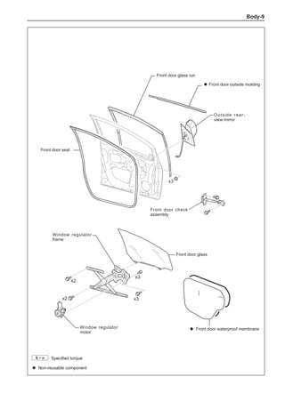 Body-
x3
x2
x3
x3
x2
◆ Front door waterproof membrane
◆ Front door outside molding
Outside rear-
view mirror
Front door glass
Front door seal
Front door glass run
Window regulator
motor
Window regulator
frame
Front door check
assembly
: Specified torque
N·m
◆ Non-reusable component
 
