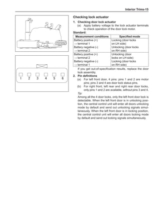 Interior Trims-15
Checking lock actuator
1.	 Checking door lock actuator
(a)	 Apply battery voltage to the lock actuator terminals
to check operation of the door lock motor.
Standard:
Measurement conditions Specified mode
Battery positive (+)
→ terminal 1
Battery negative (-)
→ terminal 2
Locking (door locks
on LH side)
Unlocking (door locks
on RH side)
Battery positive (+)
→ terminal 2
Battery negative (-)
→ terminal 1
Unlocking (door
locks on LH side)
Locking (door locks
on RH side)
If you get out-of-specification results, replace the door
lock assembly.
2.	 Pin definitions
(a)	 For left front door, 4 pins: pins 1 and 2 are motor
pins; pins 3 and 4 are door lock status pins.
(b)	 For right front, left rear and right rear door locks,
only pins 1 and 2 are available, without pins 3 and 4.
Tip:
Among all the 4 door locks, only the left front door lock is
detectable. When the left front door is in unlocking posi-
tion, the central control unit will enter all doors unlocking
mode by default and send out unlocking signals simul-
taneously. When the left front door is in locking position,
the central control unit will enter all doors locking mode
by default and send out locking signals simultaneously.
     
     
 