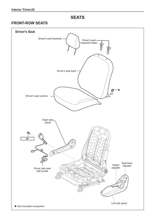 Interior Trims-22
Seats
Front-row seats
x3
42
Left side panel
Right side
panel
◆ Non-reusable component
◆
Driver's seat headrest
Driver's seat
headrest holder
Driver's seat back
Driver's seat cushion	
Driver side seat
belt buckle
Height
adjuster
Seat back
adjuster
Driver's Seat
 