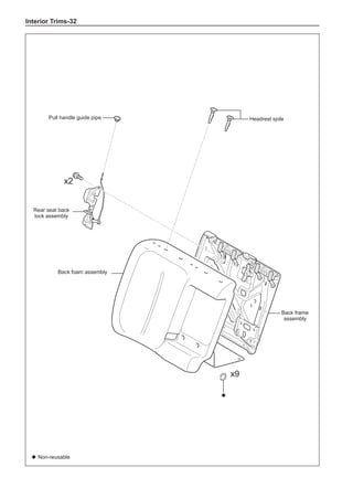 Interior Trims-32
x2
x9
Pull handle guide pipe Headrest spile
◆ Non-reusable
◆
Back foam assembly
Back frame
assembly
Rear seat back
lock assembly
 