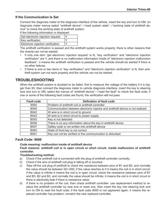 Interior Trims-49
If the Communication Is Set
Connect the diagnosis meter to the diagnosis interface of the vehicle, insert the key and turn to ON; on
diagnosis meter menue select “antitheft device”→“read system state”→“working state of antitheft de-
vice” to check the working state of antitheft system.
If the following information is displayed:
Get electronic injection request Y
Key verification Y
Electronic injection verification Y
The antitheft verification is passed and the antitheft system works properly; there is other reasons that
the vheicle can not be started;
•	 If only one item “get electronic injection request” is N, “key verification” and “electronic injection
verification” are Y, and there is no malfunction information inside of “electronic injection malfunction
feedback”, it means the antitheft verification is passed and the vehicle should be started if there is
no other failures.
•	 If there is one or two items in “key verification and electronic injection verification” is N, then anti-
theft system can not work properly and the vehicle can not be started.
Troubleshooting
When the antitheft system is doubted to be failed, first to measure the voltage of the battery if it is big-
ger than 9V, then connect the diagnosis meter to vehicle diagnosis interface, insert the key to steering
lock and turn to ON; select the menue of “antitheft device”→“read the fault” to check the fault code; if
one or some of the following fault codes are found, the verification will not pass:
Fault code Defination of fault code
9000 Problem of antitheft coil or antitheft controller
B040 Communication between electronic injector and antitheft device is not realized
B042 W wire is in short circuit to ground
B043 W wire is in short circuit to power supply
B055 Key is not detected
B056 There is no any information about the key in antitheft device
B057 Saftey code is not written into antitheft device
B060 State of front key is not correct
B061 Key can not be verified or the communication is disturbed
Fault Code: 9000
Code meaning: malfunction inside of antitheft device
Fault reasons: antitheft coil is in open circuit or short circuit; inside malfunction of antitheft
controller.
Troubleshooting method:
a)	 Check if the antitheft coil is connected with the plug of antitheft controller correctly;
b)	 Check if the wire of antitheft coil plug is falling off or touched;
c)	 Take off the coil plug of antitheft to check the resistance between pins of B1 and B2, and normally
the value should be between 5Ω~30Ω; if the value reaches to 0 it means the coil is in short circuit;
if the value is infinite it means the coil is in open circuit; check the resistance between pins of B1
and B3, B2 and B3, and normally the value should be infinite; it means the coil is in short circuit or
there is electrictity leak if there is resistance value;
d)	 If there is no problem of the coil, then check antitheft controller: use replacement method to re-
place the antitheft controller by new one or reset one, then insert the key into steering lock and
turn to ON to read the fault code; if the fault code 9000 is not appeared again, it means the re-
placed controller has problem; rematch the new replaced controller.
 