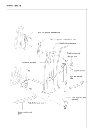 Interior Trims-58
Right front seat belt height adjuster slide
Right front seat belt height adjuster
Right B-pillar upper panel
Right rear door seal
Right front door seal
Front right seat belt
assembly
Right B-pillar lower panel
Right front door sill
panel
Right rear door sill
panel
Adjuster hood
Decorative cover
 