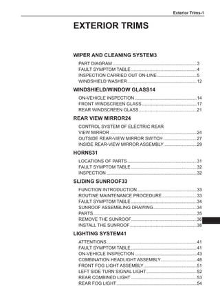 Exterior Trims-
EXTERIOR TRIMS
Wiper and cleaning system3
Part diagram.....................................................................3
Fault Symptom Table......................................................4
Inspection carried out on-line.................................5
Windshield Washer.........................................................12
Windshield/window glass14
On-Vehicle Inspection...................................................14
Front windscreen glass.............................................17
Rear windscreen glass.
...............................................21
Rear view mirror24
Control system of electric rear
view mirror.......................................................................24
Outside rear-view mirror switch............................27
Inside Rear-View Mirror Assembly...........................29
Horns31
Locations of Parts.........................................................31
Fault Symptom Table......................................................32
Inspection..........................................................................32
Sliding Sunroof33
Function Introduction.................................................33
Routine maintenance procedure.............................33
Fault Symptom Table......................................................34
Sunroof assembling drawing....................................34
Parts.
....................................................................................35
Remove the sunroof.
.....................................................36
Install the Sunroof.......................................................38
Lighting System41
Attentions.
.........................................................................41
Fault Symptom Table......................................................41
On-Vehicle Inspection...................................................43
Combination headlight assembly.
.............................48
Front fog light assembly.
...........................................51
Left side turn signal light.
.........................................52
Rear combined light......................................................53
Rear fog light..................................................................54
 