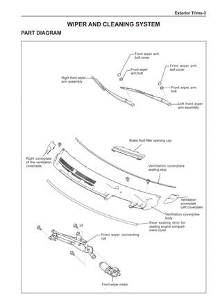 Exterior Trims-
x3
Front wiper arm
bolt cover
Front wiper arm
bolt cover
Front wiper
arm bolt
Front wiper arm
bolt
Left front wiper
arm assembly
Right front wiper
arm assembly
Front wiper connecting
rod
Front wiper motor
Brake fluid filler opening cap
Ventilation
coverplate
Left coverplate
Rear sealing strip for
sealing engine compart-
ment cover
Ventilation coverplate
body
Right coverplate
of the ventilation
coverplate Ventilation coverplate
sealing strip
Wiper and cleaning system
Part diagram
 
