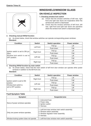 Exterior Trims-14
On-Vehicle Inspection
1. Checking window lock switch
(a)	 Check that the window switches of left rear, right
front and right rear doors are inoperative when the
window lock switch is depressed.
(b)	 Check that the window switches of left front, left
rear, right front and right rear doors are operative
when the window lock switch is depressed again.
2.	 Checking manual lift/fall function
(a)	 As shown below, check that window switches can operate corresponding power windows:
Standard:
Condition Switch Switch operation Power window
Ignition switch is set to ON po-
sition.
Window lock switch is set to
OFF position.
Left front
Pull up Lift
Push down Fall
Right front
Pull up Lift
Push down Fall
Left rear
Pull up Lift
Push down Fall
Right rear
Pull up Lift
Push down Fall
3.	 Checking lift/fall function by main switch
(a)	 As shown below, check that the main switch of left front door window can operate other power
windows in addition to the left front one:
Standard:
Condition Switch Switch operation Power window
Ignition switch is set to ON
position.
Window lock switch is
set to OFF position.
Right front
Pull up Lift
Push down Fall
Left rear
Pull up Lift
Push down Fall
Right rear
Pull up Lift
Push down Fall
Fault Symptom Table
Symptom Suspected area
None of power windows operates
1. Instrument fuse
2. Power relay
3. Ignition switch
4. Harness
Only one power window operates.
1. Left front door window main switch assembly
2. Window switch assembly
3. Window regulator motor assembly
4. Harness
Window locking system does not operate 1. Left front door window main switch assembly
Windshield/window glass
 