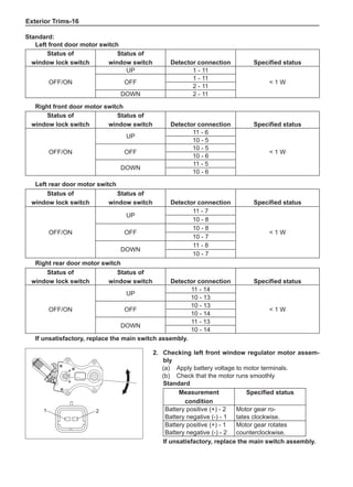 Exterior Trims-16
Standard:
Left front door motor switch
Status of
window lock switch
Status of
window switch Detector connection Specified status
OFF/ON
UP 1 - 11
 1 W
OFF
1 - 11
2 - 11
DOWN 2 - 11
Right front door motor switch
Status of
window lock switch
Status of
window switch Detector connection Specified status
OFF/ON
UP
11 - 6
 1 W
10 - 5
OFF
10 - 5
10 - 6
DOWN
11 - 5
10 - 6
Left rear door motor switch
Status of
window lock switch
Status of
window switch Detector connection Specified status
OFF/ON
UP
11 - 7
 1 W
10 - 8
OFF
10 - 8
10 - 7
DOWN
11 - 8
10 - 7
Right rear door motor switch
Status of
window lock switch
Status of
window switch Detector connection Specified status
OFF/ON
UP
11 - 14
 1 W
10 - 13
OFF
10 - 13
10 - 14
DOWN
11 - 13
10 - 14
If unsatisfactory, replace the main switch assembly.
2.	 Checking left front window regulator motor assem-
bly
(a)	 Apply battery voltage to motor terminals.
(b)	 Check that the motor runs smoothly
Standard
Measurement
condition
Specified status
Battery positive (+) - 2
Battery negative (-) - 1
Motor gear ro-
tates clockwise.
Battery positive (+) - 1
Battery negative (-) - 2
Motor gear rotates
counterclockwise.
If unsatisfactory, replace the main switch assembly.
1 2
 