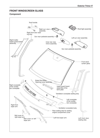 Exterior Trims-17
Front windscreen glass
Component
Roof handle
Right front door seal-
ing strip
Right A pillar
Upper guard board
assembly
Sun visor pedestal assembly
Right sun visor
assembly
Roof light assembly
Left sun visor assembly
Inner rear view
mirror assembly
Sun visor pedestal assembly
Right front
wiper arm
Bolt cover on
right wiper arm
Bolt cover on left
wiper arm
Rear sealing strip for sealing
engine compartment cover
Ventilation coverplate body
Left front door
sealing strip
Upper guard board
assembly of the
left A pillar
Front wind-
screen glass
Left front wiper arm
Brake fluid filling
Opening cover assembly
Left coverplate
of the ventila-
tion coverplate
Ventilation coverplate sealing strip
Right coverplate
of the ventila-
tion coverplate
 