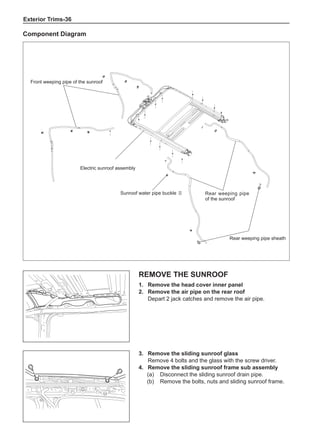 Exterior Trims-36
Remove the sunroof
1.	 Remove the head cover inner panel
2.	 Remove the air pipe on the rear roof
Depart 2 jack catches and remove the air pipe.
Electric sunroof assembly
Front weeping pipe of the sunroof
Rear weeping pipe
of the sunroof
Rear weeping pipe sheath
Sunroof water pipe buckle Ⅱ
Component Diagram
3.	 Remove the sliding sunroof glass
Remove 4 bolts and the glass with the screw driver.
4.	 Remove the sliding sunroof frame sub assembly
(a)	 Disconnect the sliding sunroof drain pipe.
(b)	 Remove the bolts, nuts and sliding sunroof frame.
 