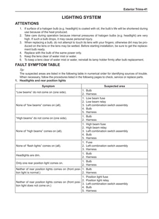Exterior Trims-41
Lighting System
Attentions
If surface of a halogen bulb (e.g. headlight) is coated with oil, the bulb’s life will be shortened during
use because of the heat produced.
Take care during operation because internal pressures of halogen bulbs (e.g. headlight) are very
high. If such a bulb drops, it may cause personal injury.
When replacing a bulb, do not attempt to touch its lens with your fingers; otherwise dirt may be pro-
duced on the lens or the lens may be wetted. Before starting installation, be sure to get the replace-
ment bulb ready.
Replace with the bulb of the same power only.
Keep the lens clear of water mist or water.
To keep a lens clear of water mist or water, reinstall its lamp holder firmly after bulb replacement.
1.
2.
3.
4.
5.
6.
Fault Symptom Table
Tip:
The suspected areas are listed in the following table in numerical order for identifying sources of trouble.
When necessary, follow the procedures listed in the following pages to check, service or replace parts.
1.	Headlights and rear position lights
Symptom Suspected area
“Low beams” do not come on (one side).
1. Bulb
2. Harness
None of “low beams” comes on (all).
1. Low beam fuse
2. Low beam relay
3. Left combination switch assembly
4. Bulb
5. Harness
“High beams” do not come on (one side).
1. Bulb
2. Harness
None of “high beams” comes on (all).
1. High beam fuse
2. High beam relay
3. Left combination switch assembly
4. Bulb
5. Harness
None of “flash lights” comes on (all).
1. Fuse
2. Left combination switch assembly
3. Harness
Headlights are dim.
1. Bulb
2. Harness
Only one rear position light comes on.
1. Bulb
2. Harness
Neither of rear position lights comes on (front posi-
tion light is normal.)
1. Bulb
2. Harness
Neither of rear position lights comes on (front posi-
tion light does not come on.)
1. Position light fuse
2. Position light relay
3. Left combination switch assembly
4. Bulb
5. Harness
 
