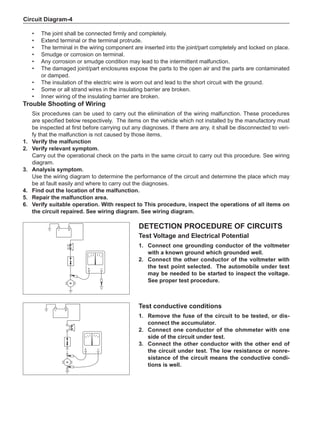 Circuit Diagram-
Detection procedure of circuits
Test Voltage and Electrical Potential
1.	 Connect one grounding conductor of the voltmeter
with a known ground which grounded well.
2.	 Connect the other conductor of the voltmeter with
the test point selected. The automobile under test
may be needed to be started to inspect the voltage.
See proper test procedure.
Test conductive conditions
1. 	 Remove the fuse of the circuit to be tested, or dis-
connect the accumulator.
2. 	 Connect one conductor of the ohmmeter with one
side of the circuit under test.
3. 	 Connect the other conductor with the other end of
the circuit under test. The low resistance or nonre-
sistance of the circuit means the conductive condi-
tions is well.
•	 The joint shall be connected firmly and completely.
•	Extend terminal or the terminal protrude.
•	 The terminal in the wiring component are inserted into the joint/part completely and locked on place.
•	 Smudge or corrosion on terminal.
•	 Any corrosion or smudge condition may lead to the intermittent malfunction.
•	 The damaged joint/part enclosures expose the parts to the open air and the parts are contaminated
or damped.
•	 The insulation of the electric wire is worn out and lead to the short circuit with the ground.
•	 Some or all strand wires in the insulating barrier are broken.
•	 Inner wiring of the insulating barrier are broken.
Trouble Shooting of Wiring
Six procedures can be used to carry out the elimination of the wiring malfunction. These procedures
are specified below respectively. The items on the vehicle which not installed by the manufactory must
be inspected at first before carrying out any diagnoses. If there are any, it shall be disconnected to veri-
fy that the malfunction is not caused by those items.
1.	Verify the malfunction
2.	Verify relevant symptom.
Carry out the operational check on the parts in the same circuit to carry out this procedure. See wiring
diagram.
3.	Analysis symptom.
Use the wiring diagram to determine the performance of the circuit and determine the place which may
be at fault easily and where to carry out the diagnoses.
4.	 Find out the location of the malfunction.
5.	 Repair the malfunction area.
6.	Verify suitable operation. With respect to This procedure, inspect the operations of all items on
the circuit repaired. See wiring diagram. See wiring diagram.
 