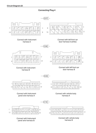 Circuit Diagram-22
Connect with Instrument
panel wire harness A
Connect with vehicle body
harness A
Connecting Plug 4
Connect with instrument
harness A
Connect with left front car
door harness A (white)
Connect with instrument
harness B
Connect with left front car
door harness B
Connect with Instrument
panel wire harness B
Connect with vehicle body
harness B
 