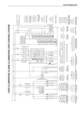 Circuit Diagram-29
Front fog light relay
Rear fog light relay
High beam relay
Right head light
Left head light
High beam indicating light
Right headlight adjusting motor
Left headlight adjusting motor
Headlight height adjusting switch
Rear fog light indicating light
Right rear fog light
Left rear fog light
Front fog light indicating light
Right front fog light
Left front fog light
Low beam relay
Position light relay
To
centre
door
lock
controller
8#
To
centre
door
lock
controller
2#
Flicker
relay
Connect
with
left
front
fog
light
Connect
with
right
front
fog
light
Left
rear
fog
light
Right
rear
fog
light
Left
front
position
light
Right
front
position
light
Left
rear
position
light
Right
rear
position
light
Left
license
plate
light
Right
license
plate
light
Master
lighting
switch
indicating
light
Left
front
turn
signal
light
Left
rear
turn
signal
light
Left
side
turn
signal
light
Left
turn
in
dicating
light
Right
front
turn
signal
light
Right
rear
turn
s
ignal
light
Right
side
turn
signal
light
Right
turn
indicating
light
Terminal
Function
ON
OFF
Hazard alarm switch
Turn signal light switch
Pin
Left
turn
Right
turn
OFF
Pin
Front
fog
light
Front
rear
fog
ligh
OFF
When
light
ON
When
light
OFF
Low
beam
Overtaking
High
beam
Low
beam
Overtaking
High
beam
Connect
with
left
front
combined
light
Connect
with
left
front
turn
signal
light
Connect
with
right
front
turn
signal
light
Connect
with
left
front
combined
light
adjusting
motor
Connect
with
left
front
combined
light
adjusting
motor
Connect
with
headlight
height
adjusting
switch
Luggage
boot
light
Connect
with
high
position
brake
light
Connect
with
right
front
combined
light
Left
rear
combined
light
Right
rear
combined
light
Connect
with
left
combined
switch
(Light)
Left
license
plate
light
Right
license
plate
light
Connect
with
danger
warning
lighting
switch
Fog light switch
Light
illumination,
alarm,
illumination
light
control
system
 