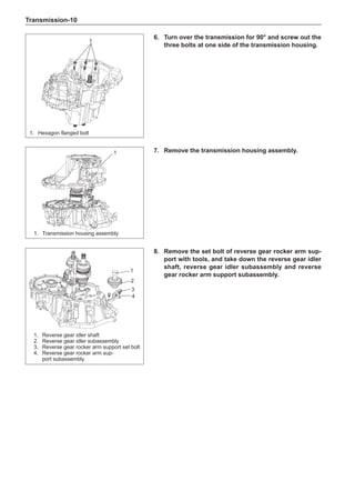 Transmission-10
8.	 Remove the set bolt of reverse gear rocker arm sup-
port with tools, and take down the reverse gear idler
shaft, reverse gear idler subassembly and reverse
gear rocker arm support subassembly.
1
2
3
4
1.	 Reverse gear idler shaft
2.	 Reverse gear idler subassembly
3.	 Reverse gear rocker arm support set bolt
4.	 Reverse gear rocker arm sup-
port subassembly
7.	 Remove the transmission housing assembly.
1.	 Transmission housing assembly
1
6.	Turn over the transmission for 90° and screw out the
three bolts at one side of the transmission housing.
1
1.	Hexagon flanged bolt
 