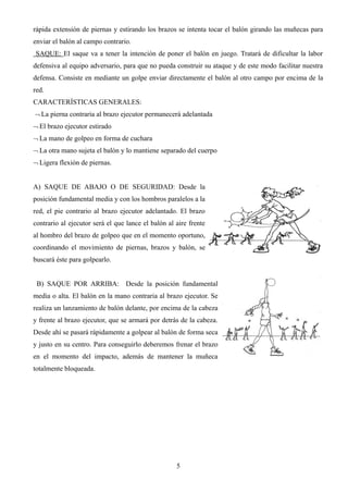 rápida extensión de piernas y estirando los brazos se intenta tocar el balón girando las muñecas para
enviar el balón al campo contrario.
SAQUE: El saque va a tener la intención de poner el balón en juego. Tratará de dificultar la labor
defensiva al equipo adversario, para que no pueda construir su ataque y de este modo facilitar nuestra
defensa. Consiste en mediante un golpe enviar directamente el balón al otro campo por encima de la
red.
CARACTERÍSTICAS GENERALES:
La pierna contraria al brazo ejecutor permanecerá adelantada

El brazo ejecutor estirado

La mano de golpeo en forma de cuchara

La otra mano sujeta el balón y lo mantiene separado del cuerpo

Ligera flexión de piernas.

A) SAQUE DE ABAJO O DE SEGURIDAD: Desde la
posición fundamental media y con los hombros paralelos a la
red, el pie contrario al brazo ejecutor adelantado. El brazo
contrario al ejecutor será el que lance el balón al aire frente
al hombro del brazo de golpeo que en el momento oportuno,
coordinando el movimiento de piernas, brazos y balón, se
buscará éste para golpearlo.
B) SAQUE POR ARRIBA: Desde la posición fundamental
media o alta. El balón en la mano contraria al brazo ejecutor. Se
realiza un lanzamiento de balón delante, por encima de la cabeza
y frente al brazo ejecutor, que se armará por detrás de la cabeza.
Desde ahí se pasará rápidamente a golpear al balón de forma seca
y justo en su centro. Para conseguirlo deberemos frenar el brazo
en el momento del impacto, además de mantener la muñeca
totalmente bloqueada.
5
 