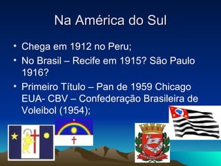 Na América do Sul Chega em 1912 no Peru; No Brasil – Recife em 1915? São Paulo 1916? Primeiro Título – Pan de 1959 Chicago EUA- CBV – Confederação Brasileira de Voleibol (1954); 