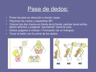 Pase de dedos: Poner los pies en dirección a donde vayas. Flexionar los codos y separarlos 90º. Colocar las dos manos en frente de la frente, palmas hacia arriba, dedos abiertos y pulgares “apuntando” hacia la cara. Dedos pulgares e índices = Formación de un triángulo. Tocar el balón con la yema de los dedos. 