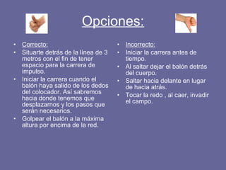 Opciones: Correcto: Situarte detrás de la línea de 3 metros con el fin de tener espacio para la carrera de impulso. Iniciar la carrera cuando el balón haya salido de los dedos del colocador. Así sabremos hacia donde tenemos que desplazarnos y los pasos que serán necesarios. Golpear el balón a la máxima altura por encima de la red. Incorrecto: Iniciar la carrera antes de tiempo. Al saltar dejar el balón detrás del cuerpo. Saltar hacia delante en lugar de hacia atrás. Tocar la redo , al caer, invadir el campo. 