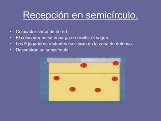 Recepción en semicírculo. Colocador cerca de la red. El colocador no se encarga de recibir el saque. Los 5 jugadores restantes se sitúan en la zona de defensa. Describirán un semicírculo. 