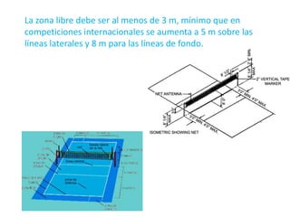 La zona libre debe ser al menos de 3 m, mínimo que en competiciones internacionales se aumenta a 5 m sobre las líneas laterales y 8 m para las líneas de fondo. 